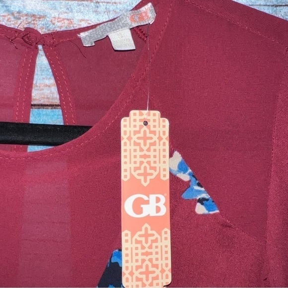 Gianni Bini Romper S NWT Burgundy Floral Blue Mesh Tiered Bell Sleeves Flared - Picture 11 of 13